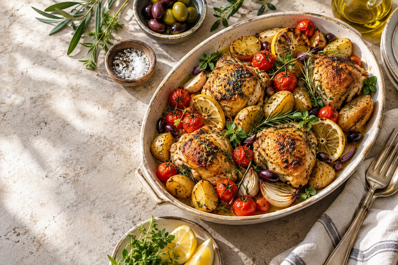 Запечённая курица с картофелем, томатами и зеленью