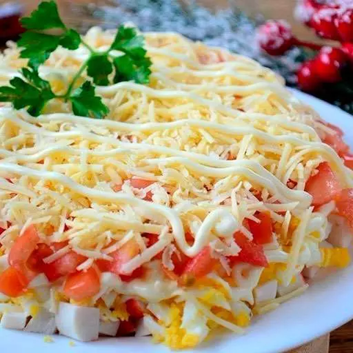Слоеный салат с крабовыми палочками