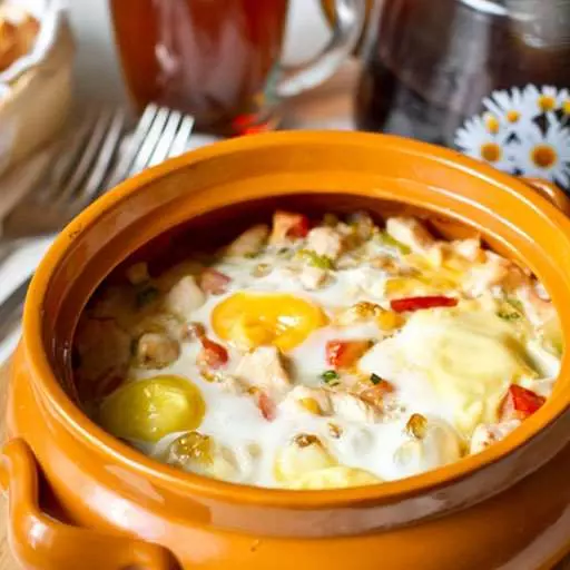 Яйця, запечені з куркою та овочами